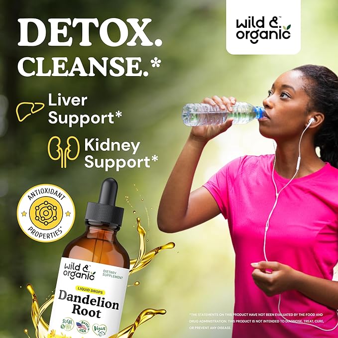 Wild & Organic Dandelion Root Extract Drops - Liver Cleanse Detox Support - Dandelion Tincture for Liver Health - Vegan, Sugar & Alcohol-Free Liquid Supplement - 4 fl oz