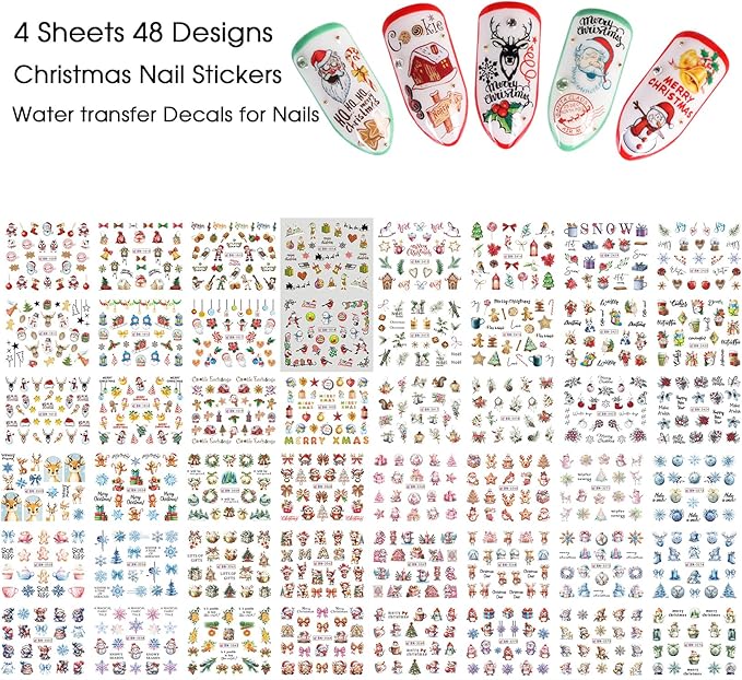 Christmas Water Decals for Nails 48 Designs Holiday Nail Stickers Snowmen Reindeer Water Transfer Nail Decals Christmas Santa Claus Snowflake Penguin Cute Cartoon Manicure Decoration for Women Girls