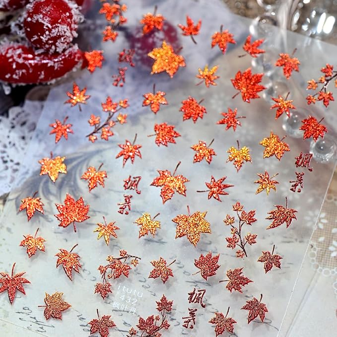 1Sheet Autumn Maple Leaves Nail Art Stickers 5D Embossed Thanksgiving Nails Decals Self Adhesive Fiery Red Maple Leaf Nail Sticker with Glitter Designs Nail Decal for Women Nails Decoration Supplies