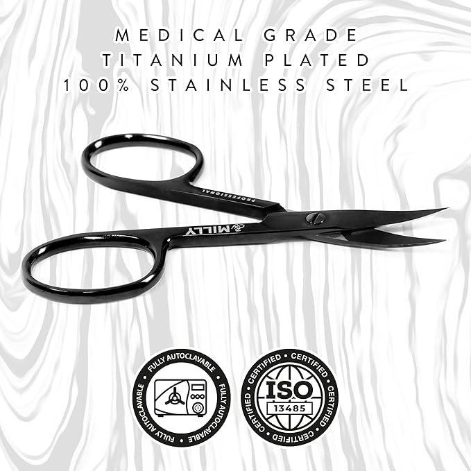 Professional Nail Scissors | High Carbon Stainless Steel | Manicure | Razor Sharp Curved Blade for Women - 100% Stainless Steel Beauty Scissors for Nails (Black)
