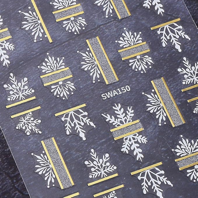 Christmas Nail Art Stickers Decals Snowflake Nail Decals 6PCS White Black Snowflake Gold French Stripe Tips Heart 3D Self-Adhesive Christmas Nail Stickers for Women Holiday DIY Nail Art Decorations