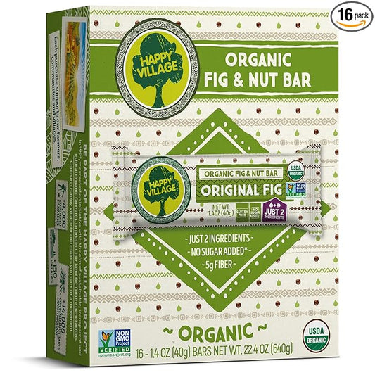 Happy Village Organic Fig & Nut Bar, ORIGINAL FIG | Only 2 Ingredients, Gluten Free, No Added Sugar, Kosher, Non-GMO, Vegan, Good Source of Fiber | Organic Healthy Snack Bars (16 bars, 1.4 OZ each)