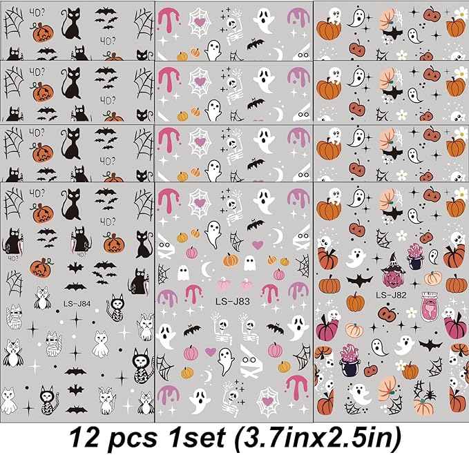 12 Sheet Halloween Nail Stickers Cute Pumpkin Bat Spider Cat Self-Adhesive Halloween Stickers for Nails for Women Halloweens DIY Manicure Supplies