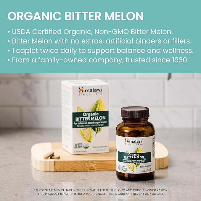Himalaya Organic Bitter Melon - Herbal Glucose Metabolism Support - USDA Organic, Non-GMO, Vegan, Gluten Free, 660 mg, 60 Caplets (Pack of 2)