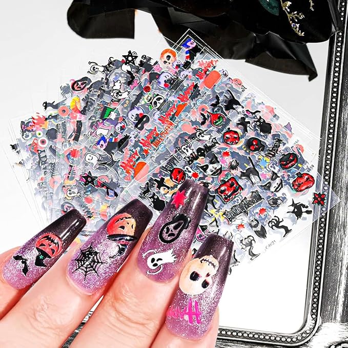 30 Sheets Halloween Nail Stickers Pumpkin Ghost Nail Decals 3D Self-Adhesive Bat Spider Design Nails Art Stickers for Women Holiday Manicure DIY