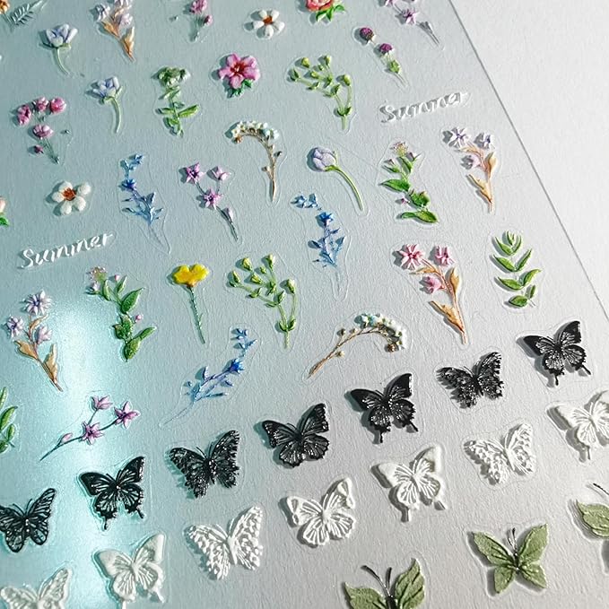 Flower Nail Stickers for Nail Art Decals Charms,5D Embossed Floral Butterfly and Heart Gem, Self-Adhesive 5 Styles Craft Nail Supplies 2 Sheets with Tweezers Kit for Women Decoration