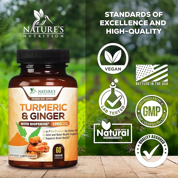 Turmeric Curcumin Supplement 1950mg - 95% Curcuminoids with Organic Turmeric & Ginger, BioPerine Black Pepper for Best Absorption, Nature's Vegan Joint Support, Non-GMO, Bottled in USA - 60 Capsules