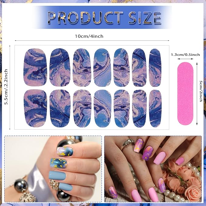 140 Pcs 10 Sheets Marble Full Wrap Nail Stickers Polish Strips Gradient Stickers Glitter Self Adhesive DIY Art Decals Strips with 2 Pcs Nail Files for Holiday Decor (Marble Style)