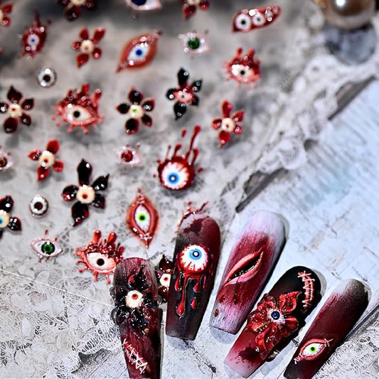 1Sheet Horror Blood Eye Nail Art Stickers 5D Embossed Halloween Nail Decals Self-Adhesive Evil Flower Nail Stickers with Bloody Eyeball Design Nail Decal Weird Eye Nail Sticker for Women Nails Decor