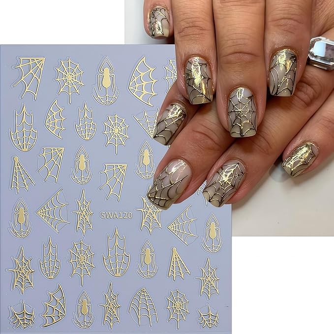 10 Sheets Spider Nail Art Stickers Halloween Nail Decals 3D Self-Adhesive Laser Black White Gold Silver Spiders and Spider Web Nail Sticker Design DIY Holiday Party Nails Supplies for Salon Manicure