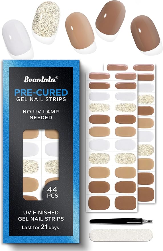 Pre Cured Gel Nail Strips - 44PCS Salon Quality Gel Nail Stickers - Long Lasting Polish Wraps for Women no UV Light Needed Easy Apply& Remove (Cinnamon Brown）