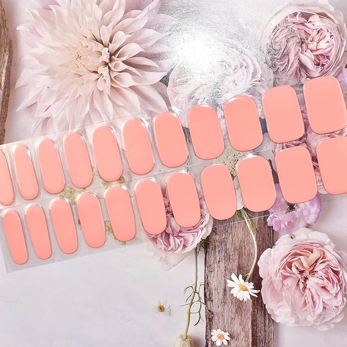 Semi Cured Gel Nail Strips (Light Pink)-22 PCS Wine Red Nail Stickers | Works with Light | Manicure Wraps, Salon Quality & Easy to Use
