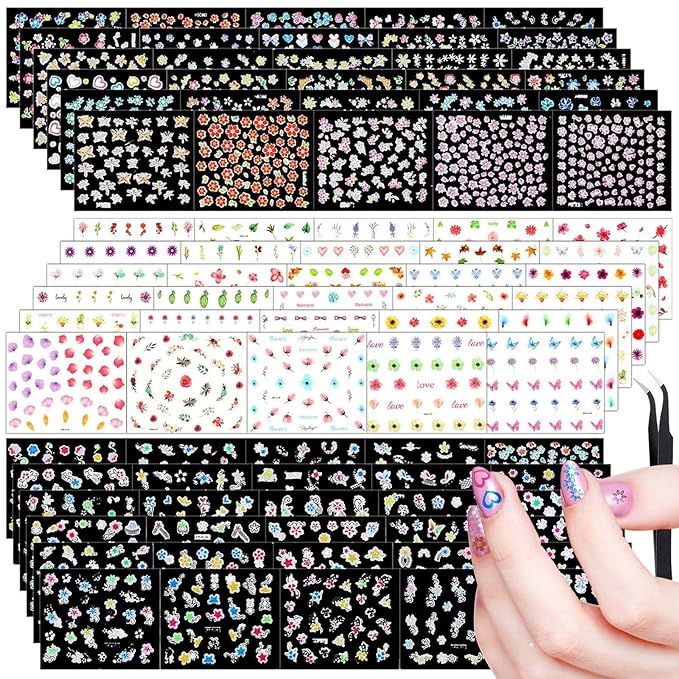 Blulu 5000 Pcs Flower Nail Stickers 100 Sheets 3D Self Adhesive Nail Stickers Multi Design Decals Multicolor Flower Manicure Decals with Tweezer(Retro Floral Series)