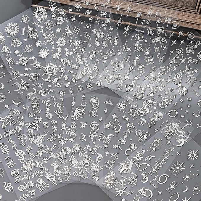12 Sheets Silver Nail Art Stickers Decals Star Moon Nails Stickers for Nail Art Self-Adhesive Snake Nails Decal
