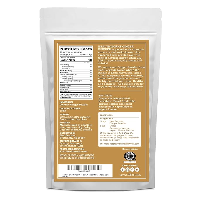 Healthworks Superfoods Organic Ginger Powder - 16 Oz / 1 Lb - Ground, Raw & All-Natural - Keto, Vegan - Great with Coffee, Tea & Juices - Superfood/Spice