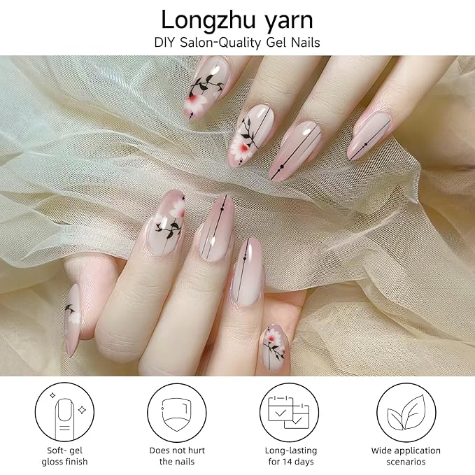 Semi Cured Gel Nail Strips, Longzhu Yarn | 28 pcs Gel Nail Strips Work with Any UV Lamp, Salon Quality UV Nails Stickers, Easy to Apply for Home Nails DIY