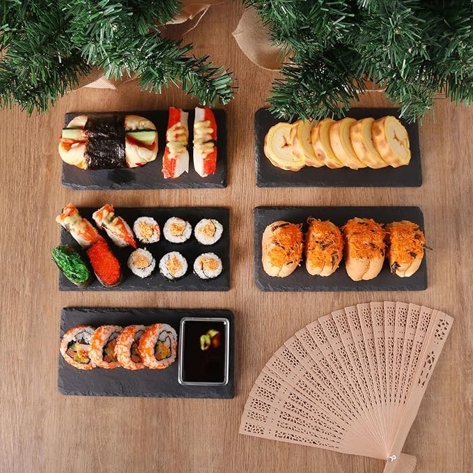 16 Pack 4 x 8 Inch Slate Cheese Boards, Black Rectangle Slate Charcuterie Boards, Natural Charcuterie Stone Plates for Parties, Gifts, and Special Events, Cheese, Sushi, Food.