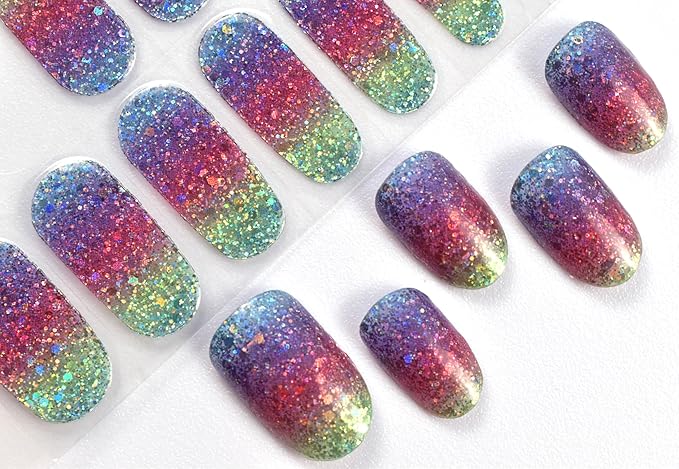 Semi Cured Gel Nail Strips Glitter Gel Nails Sticker 22pcs Rainbow Sequins Nail Wraps for Home Nails DIY