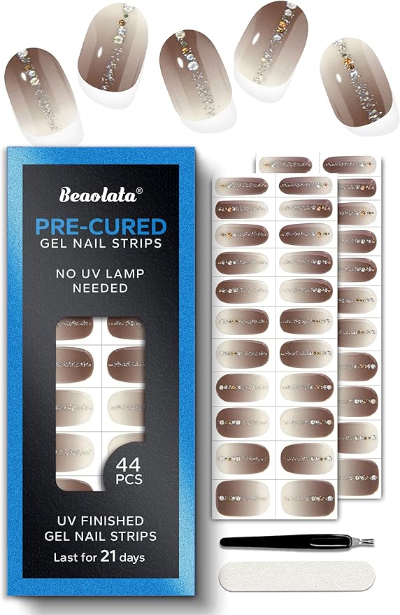 Pre Cured Gel Nail Strips - 44PCS Salon Quality Gel Nail Stickers - Long Lasting Polish Wraps for Women no UV Light Needed Easy Apply& Remove (Mystic Purple）