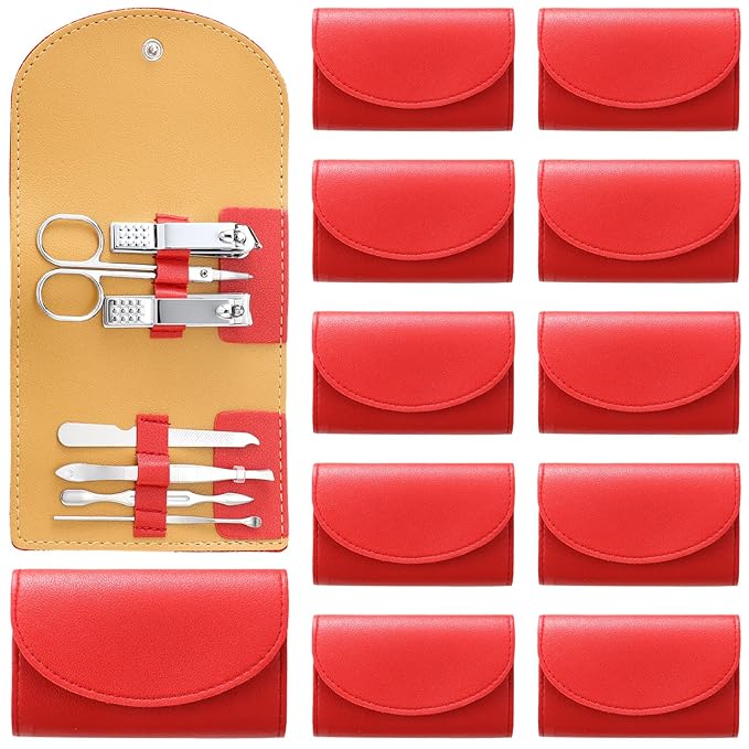 12 Set Manicure Set Bulk Mini Manicure Nail Clipper Kit 7 in 1 Stainless Steel Professional Nail Care Pedicure with Travel Portable Bag Grooming Kits for Christmas Women Men Home(Red)