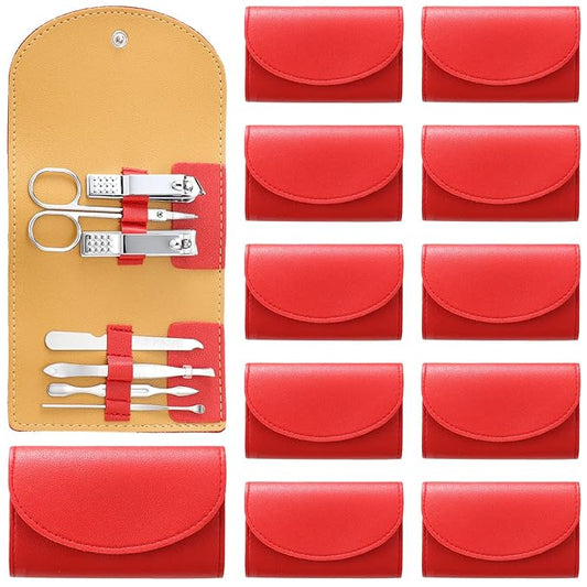 12 Set Manicure Set Bulk Mini Manicure Nail Clipper Kit 7 in 1 Stainless Steel Professional Nail Care Pedicure with Travel Portable Bag Grooming Kits for Christmas Women Men Home(Red)