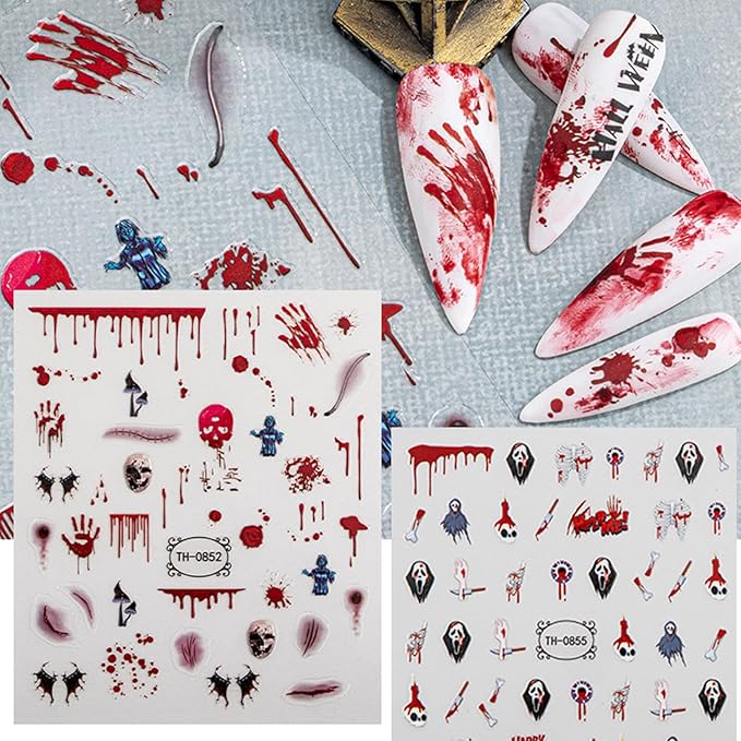 Halloween Nail Stickers - Halloween Nail Decals,3D Self-Adhesive Ghost Skull Elements Nail Art Decals Holiday Nail Stickers for Women Grils (6 Sheets)