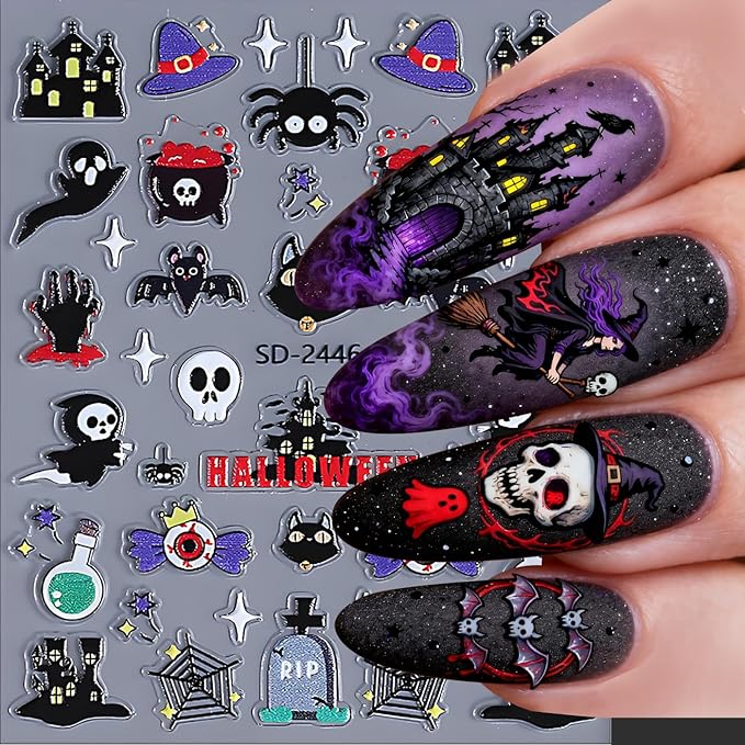 Halloween Nail Art Stickers, Cute Pumpkin Nail Art Decals 3D Self-Adhesive with Bat Skull Spider Web Cat Ghost Nail Design 4Pcs Halloween Nail Art Supplies for Women Nail Decoration