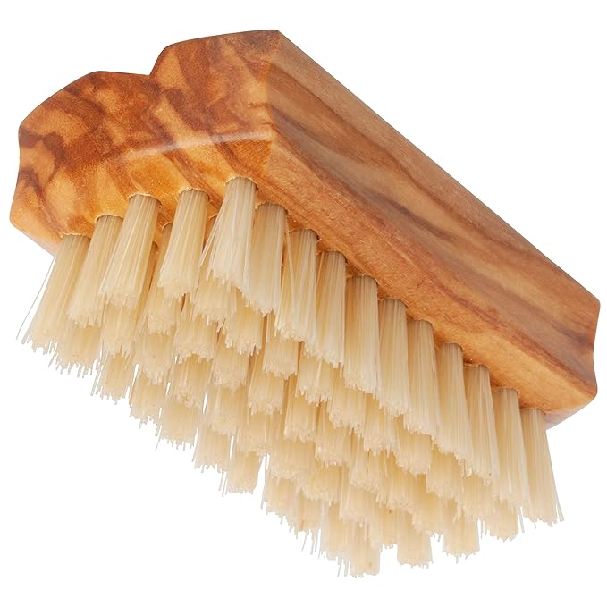 REDECKER Natural Pig Bristle Travel Nail Brush with Waxed Olive Wood Handle, 2-1/4-Inches - Boar Bristle Nail Brush For Cleaning Fingernails - German Wooden Nail Brush