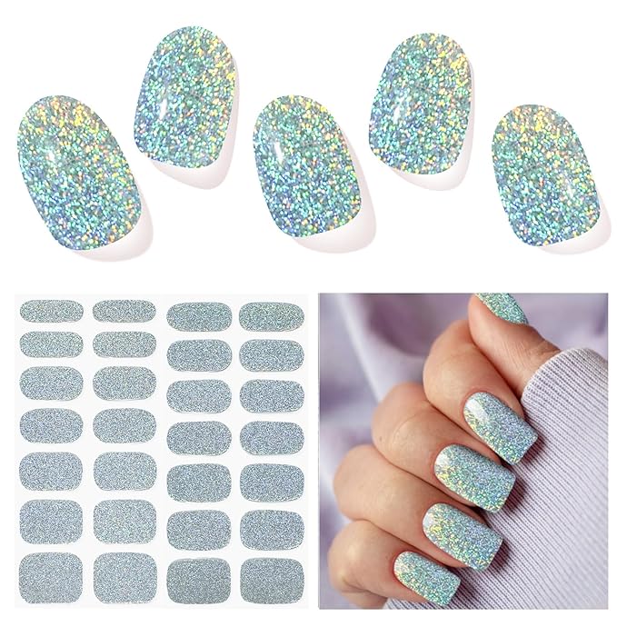 Semi Cured Gel Nail Strips, Silver Glitter | 28pcs Gel Nail Strips Work with Any uv lamp,Gel Nail Stickers for Women Girls, Includes Prep Pads, Nail File & Wood Stick