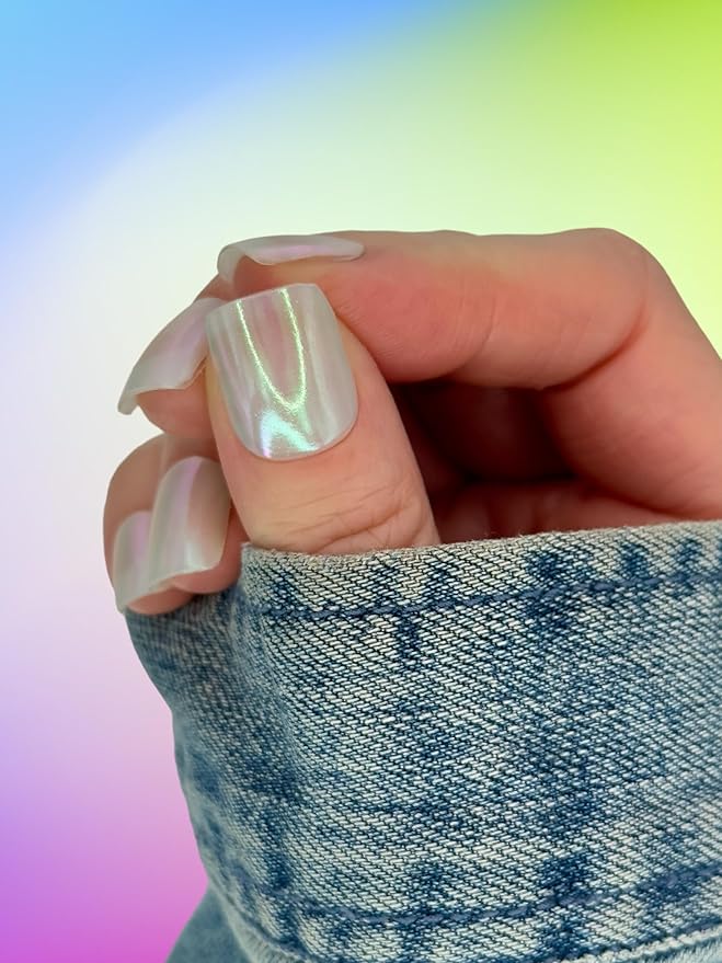 | 20 Exquisite Gel Nail Polish Strips w/Application Accessories - No UV/LED Lamp Required (Clear Gloss w/Green & Pink Iridescence)