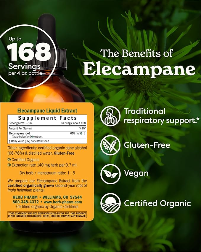 Herb Pharm Certified Organic Elecampane Liquid Extract for Respiratory System Support - 4 Ounce