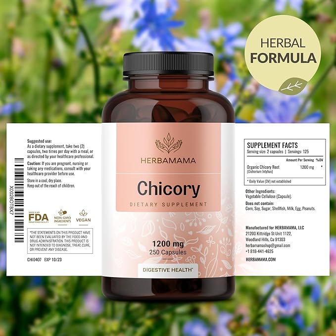 HERBAMAMA Chicory Root Fiber Capsules - 1200mg Chicory Root Powder for Gut Cleanse & Digestive Support - Vegan, Non-GMO Inulin Prebiotic Fiber Supplement