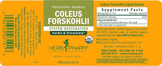 Herb Pharm Coleus Forskohlii Liquid Extract for Heart Health, 1 Fl Oz
