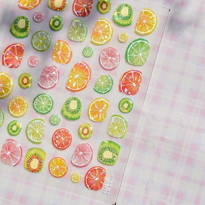 Summer Nail Art Stickers 5D Embossed Fruit Style Nail Decals Lemon Kiwifruit Self-Adhesive Nails Design Summer Nail Stickers Manicure Supply for Women DIY Nail Art Decorations
