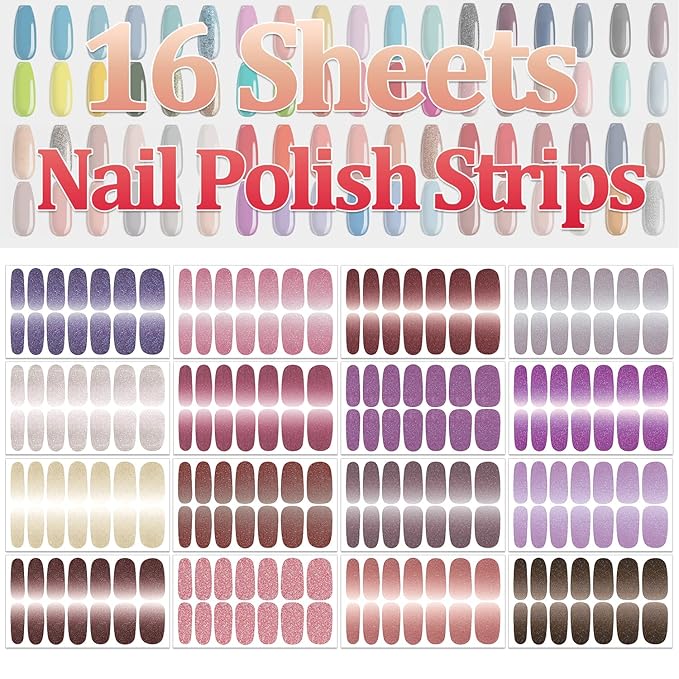 SILPECWEE 16 Sheets Glitter Nail Wraps for Women Nail Polish Strips Self Adhesive Nail Polish Stickers Gel Nail Strips Fingernail Manicure Stickers Nails Art Accessories with 1pc File