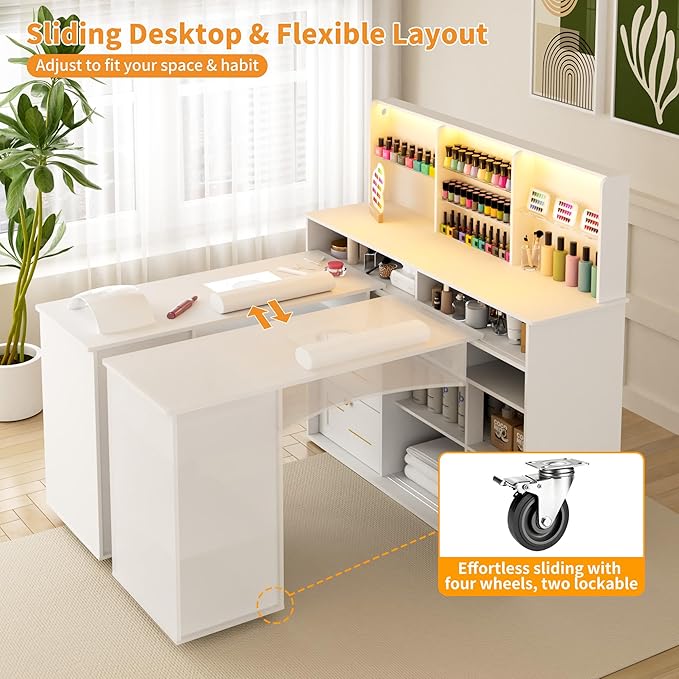 Manicure Table with Dust Collector, L-Shaped Nail Desk with Mobile Desktop, LED Light, Glass Display Rack, Storage Cabinets and Drawers for Home Spa Beauty Salon Nail Station, White