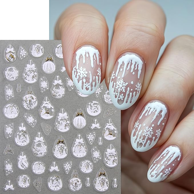 8 Pcs Snowflake Nail Stickers 5D Embossed Self-Adhesive Xmas Snowball Nail Decals Christmas Tree Nail Art Stickers Lantern Ball Holly Leaf Snowmen Nail Supplies for Women Winter Holiday DIY Manicure