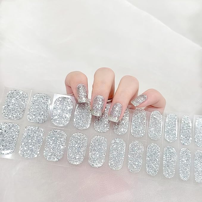 Semi Cured Gel Nail Strips Glitter Manicure Stickers Salon Quality Long-Lasting Wraps Work with Any Nail Light