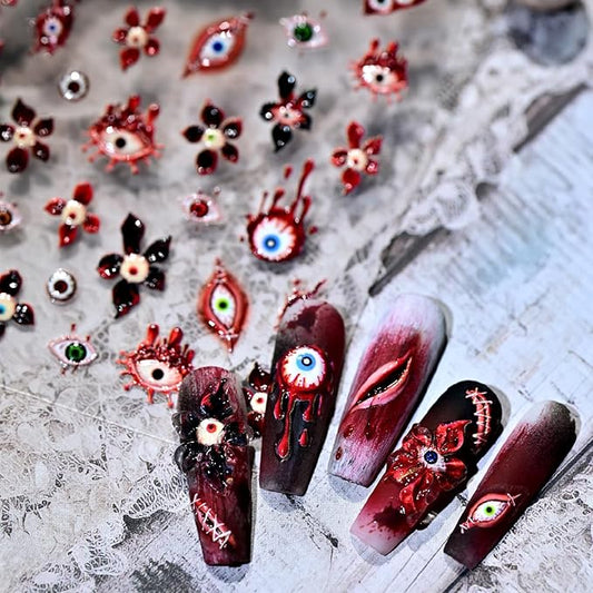 1 Sheets Halloween Nail Stickers for Nail Art 5D Embossed Nail Art Stickers Horror Blood Eye Flower Design Sticker Gothic Nail Decals Nail Art Supplies for Women Acrylic Nail Decorations