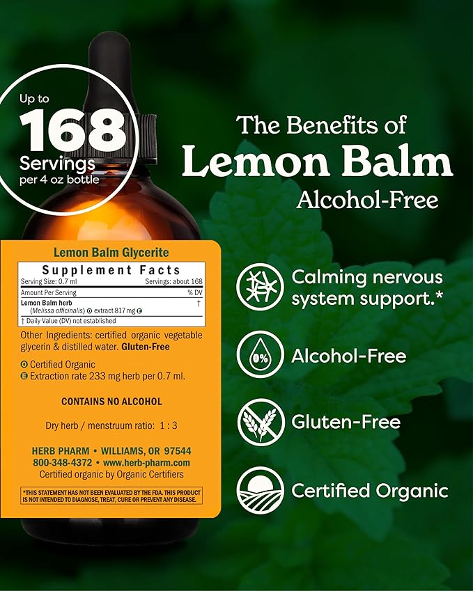 Herb Pharm Certified Organic Lemon Balm Liquid Extract for Calming Nervous System Support, Alcohol-Free Glycerite, 4 Ounce
