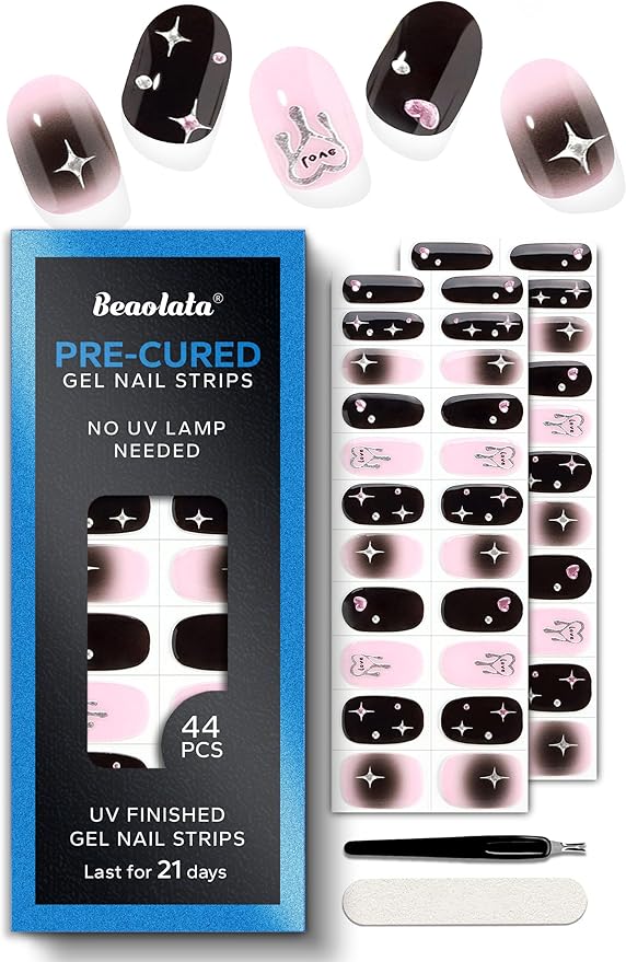 Pre Cured Gel Nail Strips - 44PCS Salon Quality Gel Nail Stickers - Long Lasting Polish Wraps for Women no UV Light Needed Easy Apply& Remove (Black Pulse)