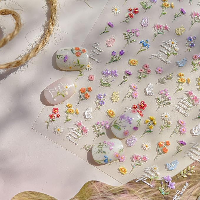 1 Sheets Wild Flower Nail Stickers for Nail Art, Embossed Shell Light Self-Adhesive Daisy Butterfly Nail Decals, Nail Supplies Nail Art Designs Accessories for Women and Girls Manicure DIY Decoration