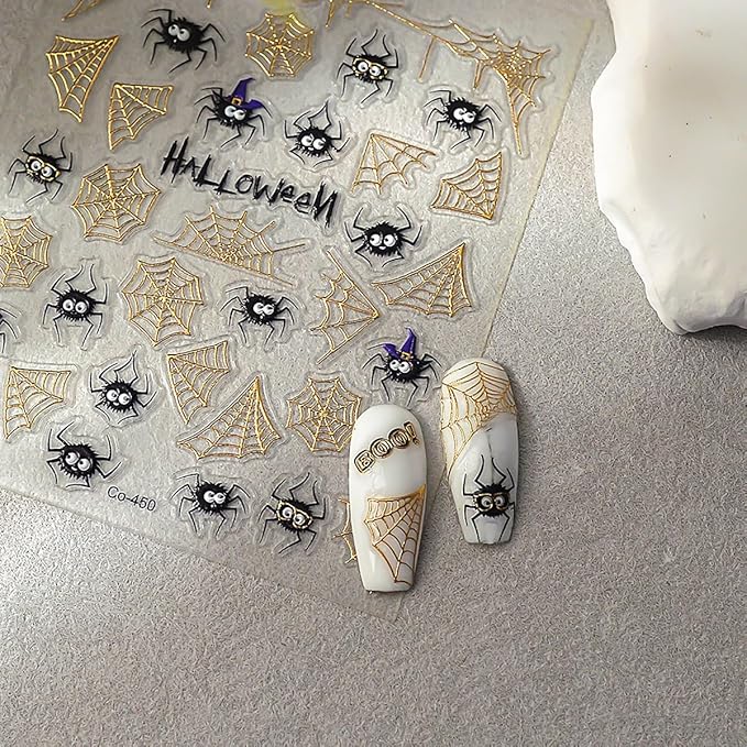Spider Spider Web Nail Stickers for Nail Art 3D Glitter Gold Spider Web Black Spiders Nail Decals Design Stickers Acrylic Nails Tips DIY Manicure Decoration Supplies for Halloween and Daily Nails
