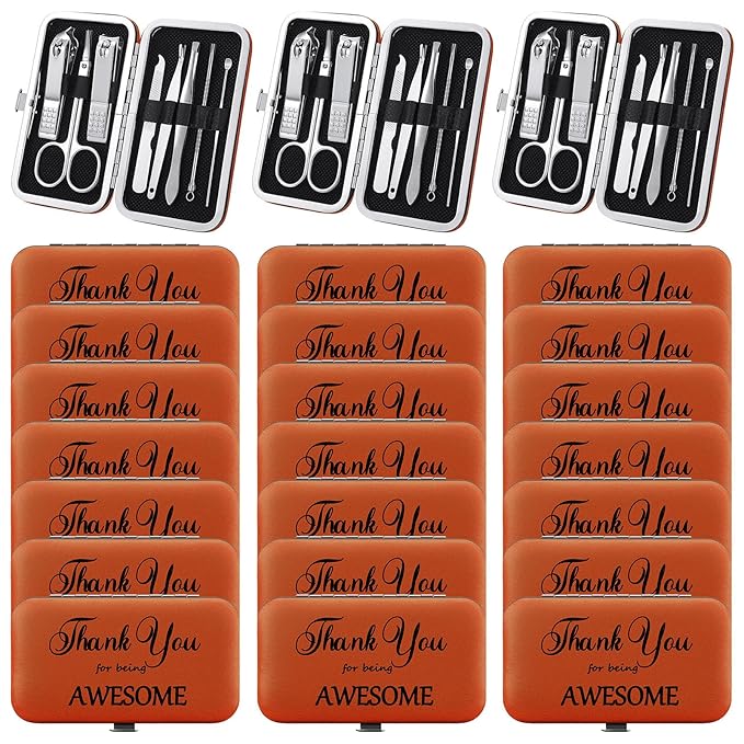 Therwen 24 Sets Manicure Set Nail Clippers 8 in 1 Stainless Steel Grooming Nail Kit Thank You Appreciation Gift Professional Pedicure Tool for Men Women Personal Care(Brown)