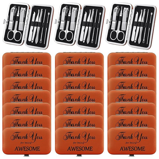 Therwen 24 Sets Manicure Set Nail Clippers 8 in 1 Stainless Steel Grooming Nail Kit Thank You Appreciation Gift Professional Pedicure Tool for Men Women Personal Care(Brown)