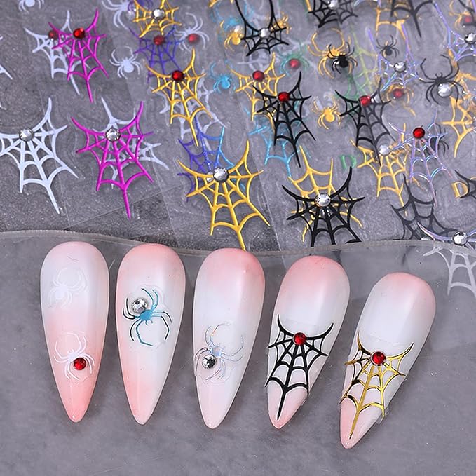 Halloween Nail Art Stickers Decals 4PCS Laser Silver Spider Web Spider Nail Decals with Rhinestone Spider Web Bow Heart Spider Nail Art Supplies Cute Nail Stickers for Women Halloween Manicure Decor