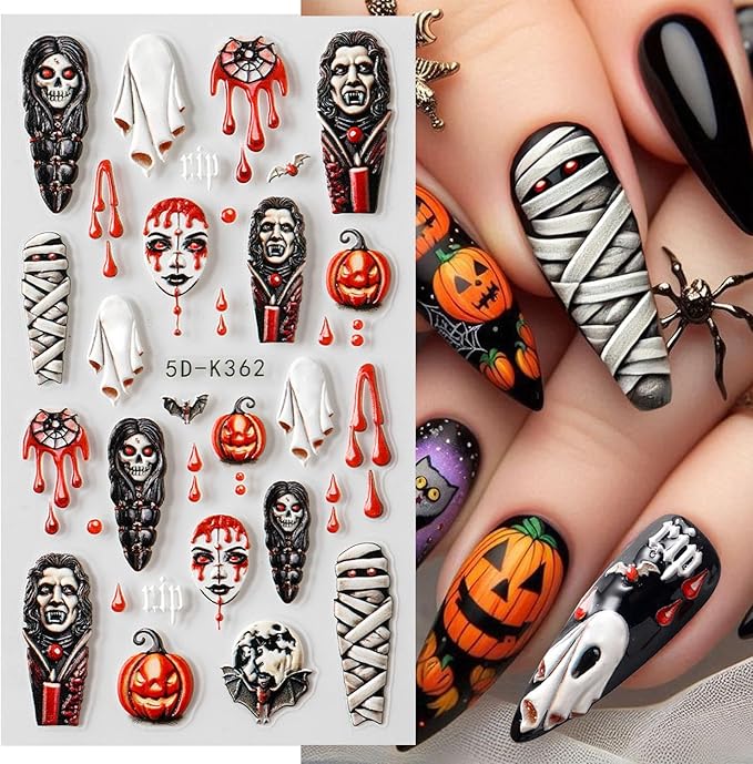 2 Sheets Halloween Nail Art Stickers 5D Embossed Horror Ghost Nail Stickers Big Red Lips Pumpkin Devil's Flame Eye Bat Design Terror Spider Mummy Nail Decals for Women Acrylic DIY Nail Decorations