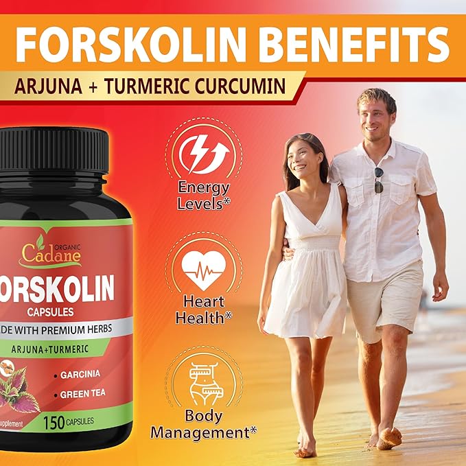 Organic Cadane Forskolin Supplement Capsules - 5in1 Concentrated with Turmeric Curcumin, Arjuna, Garcinia Cambogia, and Green Tea - 150 Capsules for 5 Months Supply