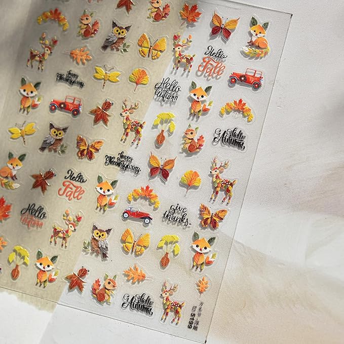 1Sheet 5D Relief Ginkgo Maple Leaf Stickers for Nails Design Embossed Fall Leaves Nail Art Stickers Autumn Maple Leaf Nail Decals Thanksgiving Day Fox Nail Supplies Manicure Decoration for Women