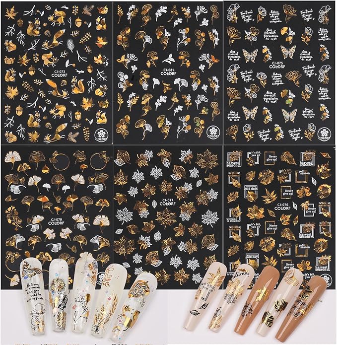 Laser Golden Fall Maple Leaves Nail Art Stickers, Maple Leaves Nail Decals 3D Self-Adhesive with Fan Blade Butterfly Squirrel Flower Design 6Pcs Nail Art Supplies for Women Nail Decoration
